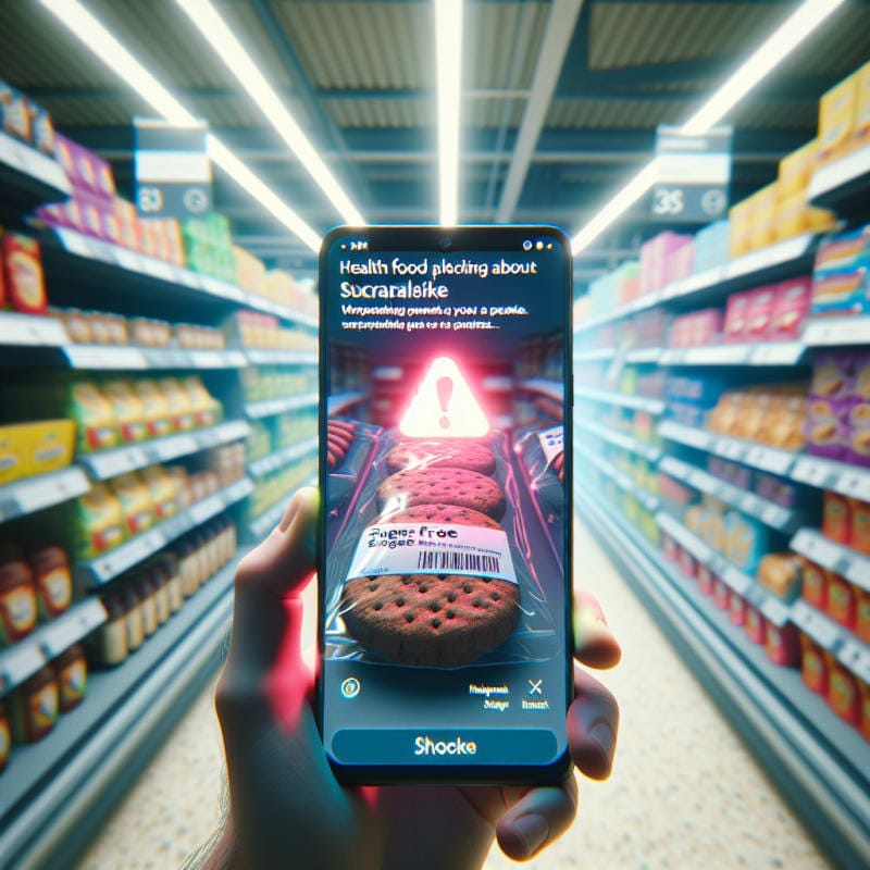 First-Person POV of a UK supermarket health food aisle. A hand is scanning a package of sugar-free biscuits. Phone screen displays a glowing red notification warning about Sucralose Spikes. Background is shelves of sugar-free products with subtle price labels, store fluorescent bokeh lighting. 8k, photorealistic, imperfections, crinkled wrapper.