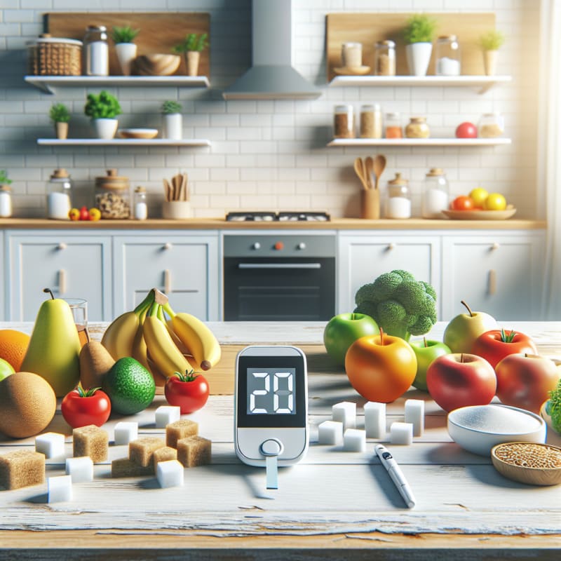 Bright modern kitchen counter with colorful healthy foods like fruits vegetables and whole grains next to sugar cubes and a digital glucose monitor soft natural light hopeful tone no people
