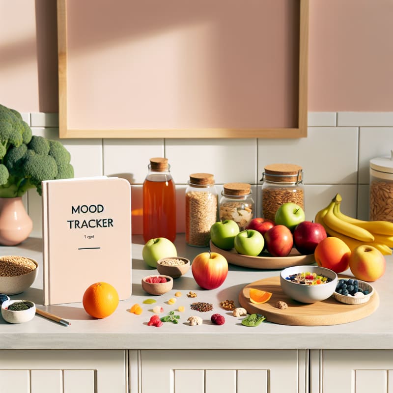 Bright kitchen counter with colorful low sugar foods fruits whole grains herbal tea and a minimalist notebook labeled mood tracker photographed in natural morning light soft pastel background no people