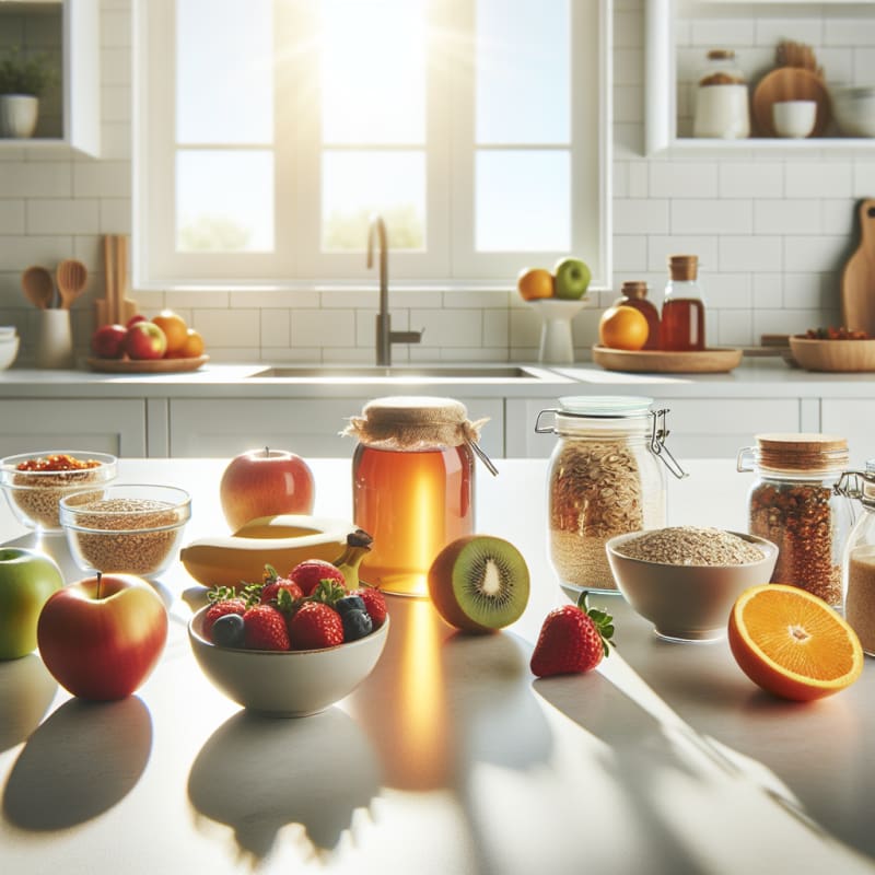 Bright kitchen counter with colorful fruits whole grains and labeled jars of natural sweeteners sunlight streaming in creating a clean hopeful atmosphere no people