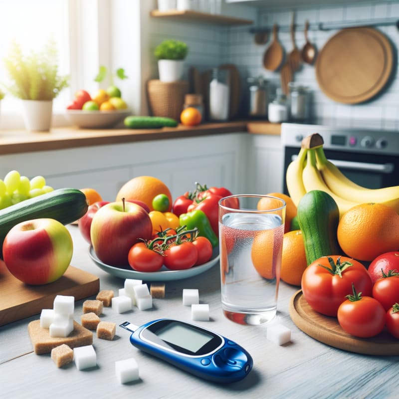 Bright kitchen counter with colorful fresh fruits vegetables and sugar cubes arranged beside a glass of water and a digital glucose meter in soft natural light