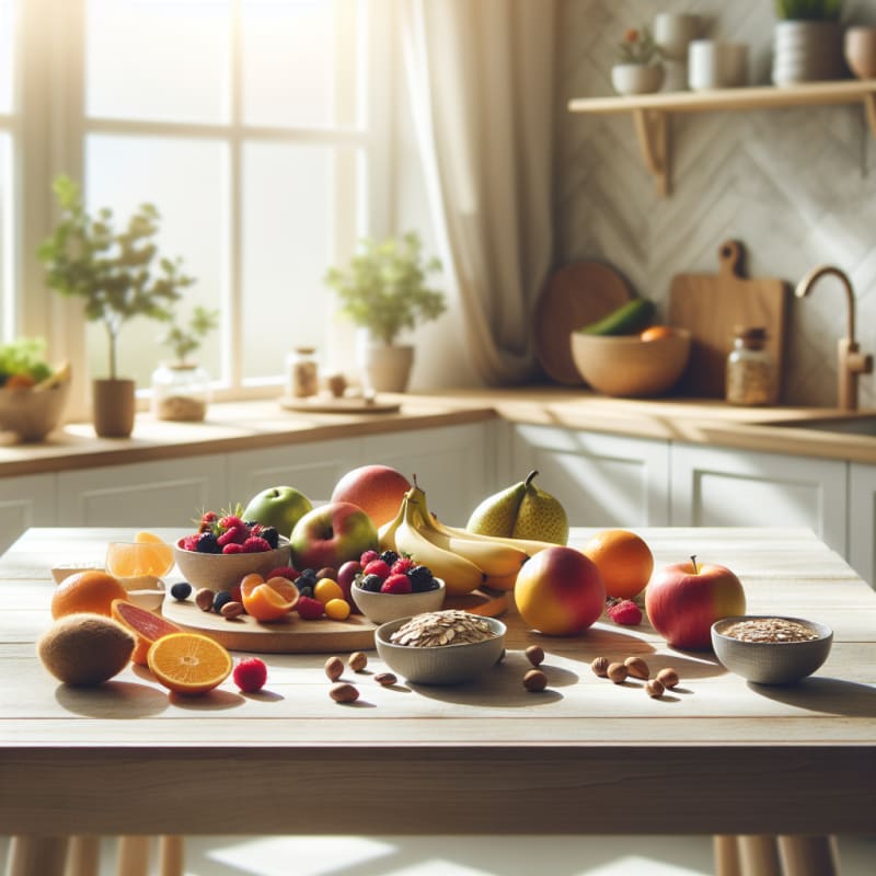 Bright kitchen scene with colorful low glycemic fruits nuts and whole grains on a light wood table natural daylight soft focus evokes calm balanced mood