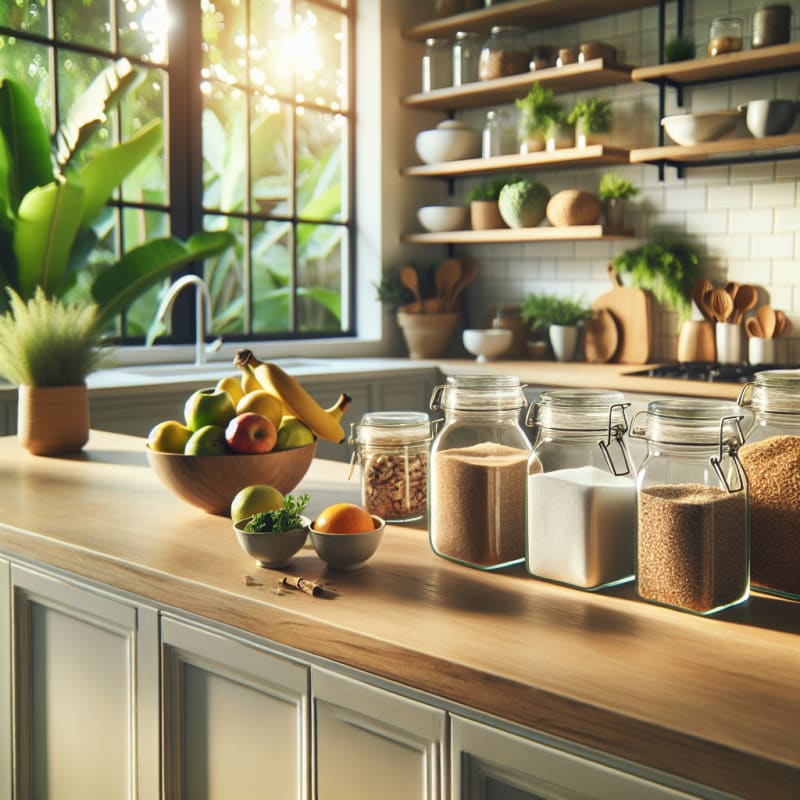 Bright clean kitchen counter with glass jars of sugar fruits and whole grains on a wooden surface natural light streaming through window plants in background symbolizing balance and calm