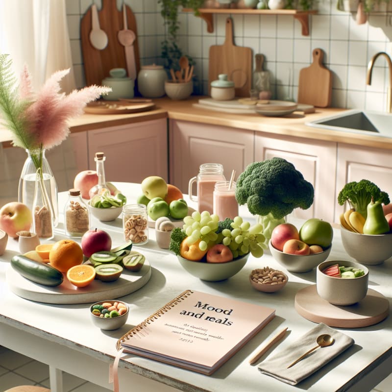 Bright kitchen table with colorful fruits vegetables and low sugar snacks natural light soft textures pastel tones open notebook labeled mood and meals no people