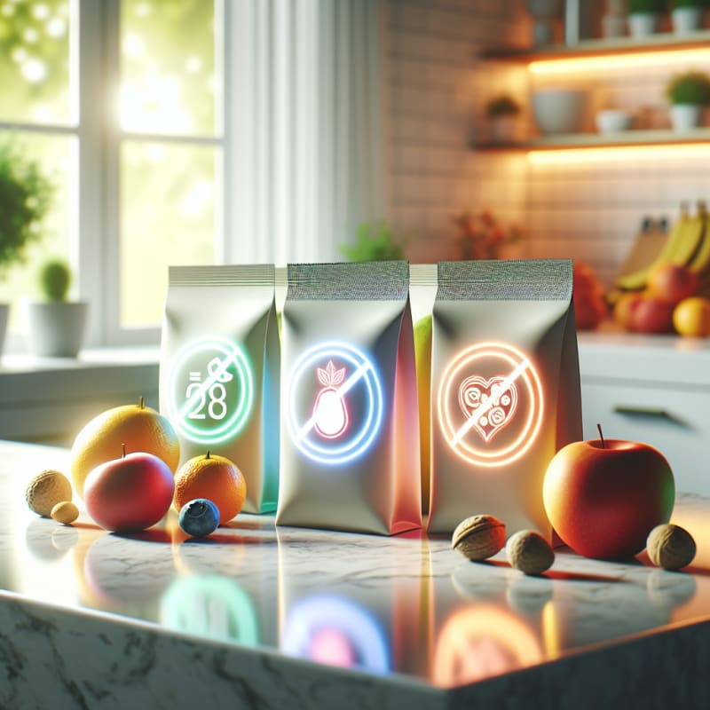 Bright modern kitchen countertop with neatly labeled nut free snack packages fresh fruits colorful ingredient icons and allergy safe symbols glowing softly hopeful atmosphere natural light