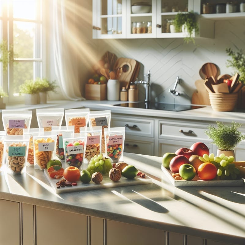 Bright kitchen countertop with colorful nut free snacks fresh fruits and labeled safe packaging sunlight streaming through window calm home atmosphere