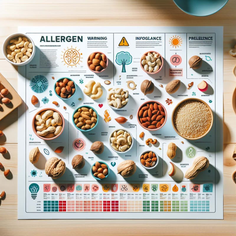Bright flat lay of assorted tree nuts shelled and unshelled arranged neatly on a wooden kitchen table with allergen warning labels and colorful infographic style icons showing prevalence data clean modern lighting hopeful mood