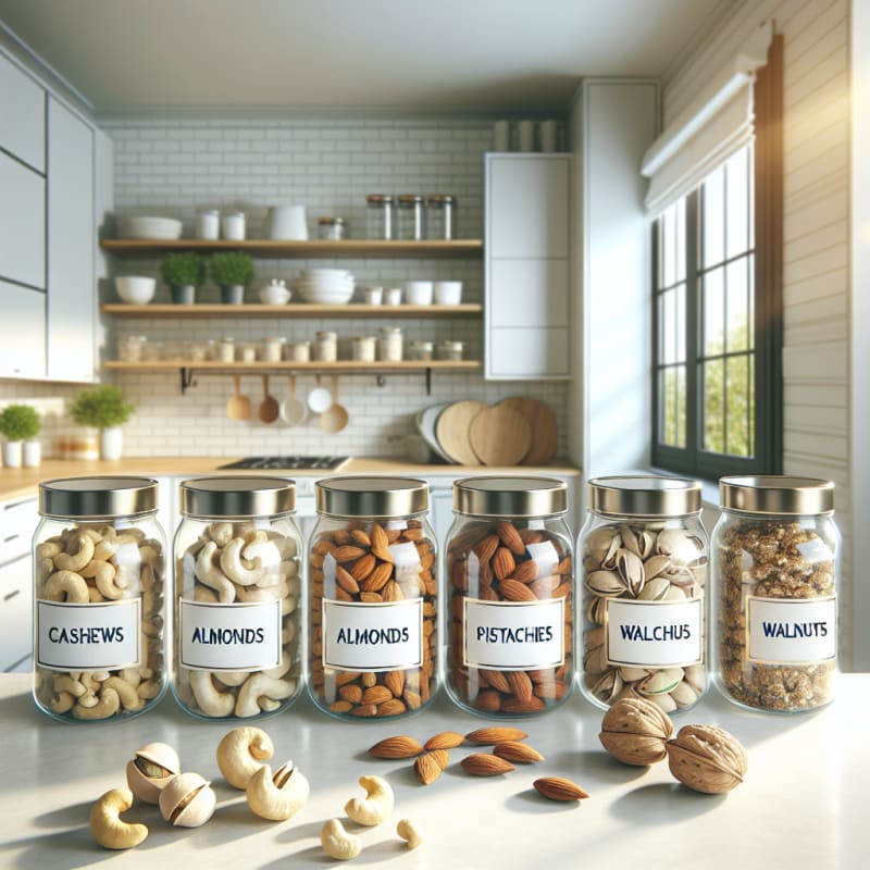 Bright kitchen counter with labeled jars of cashews almonds pistachios and walnuts surrounded by allergy safe food packaging and a clean modern background natural light hopeful tone