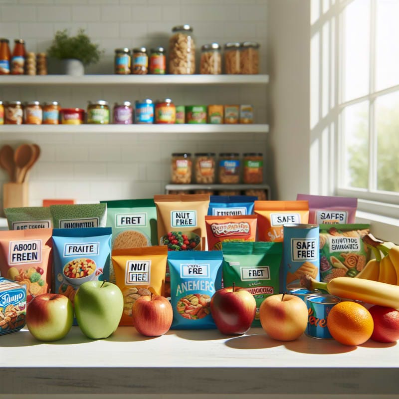 Bright kitchen counter with colorful labeled food packages fruits and nut free snacks in natural light clean white background showing safe grocery organization