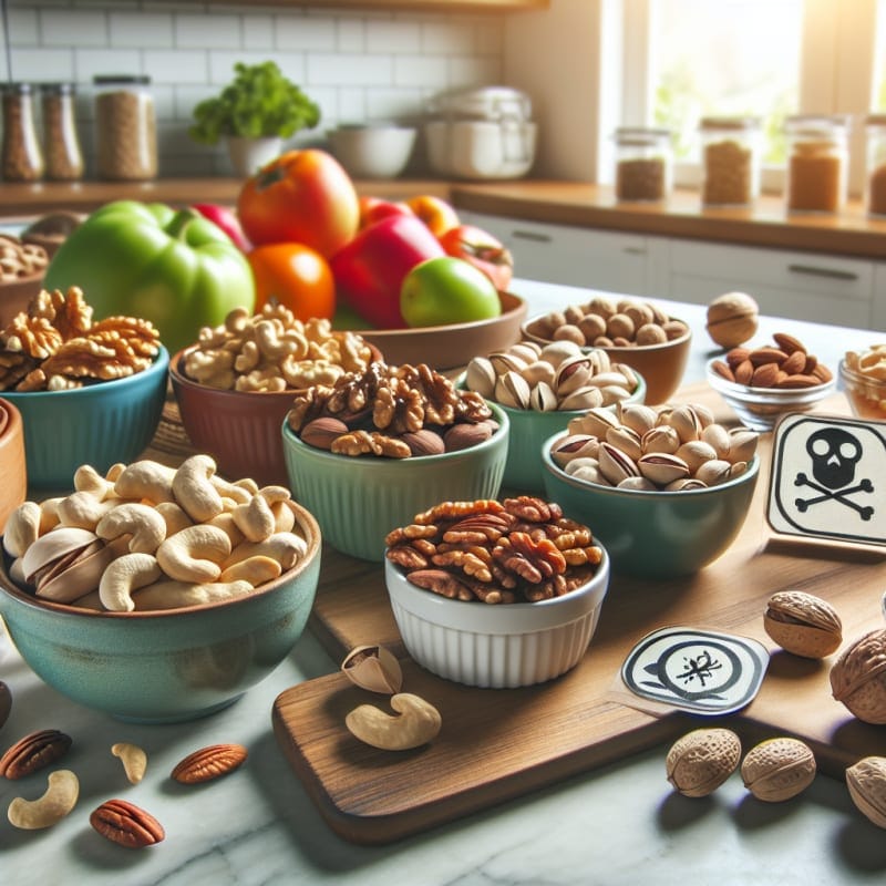 Bright kitchen counter with bowls of assorted tree nuts labeled cashew walnut pistachio pecan and almond surrounded by allergy alert icons and fresh produce in soft daylight