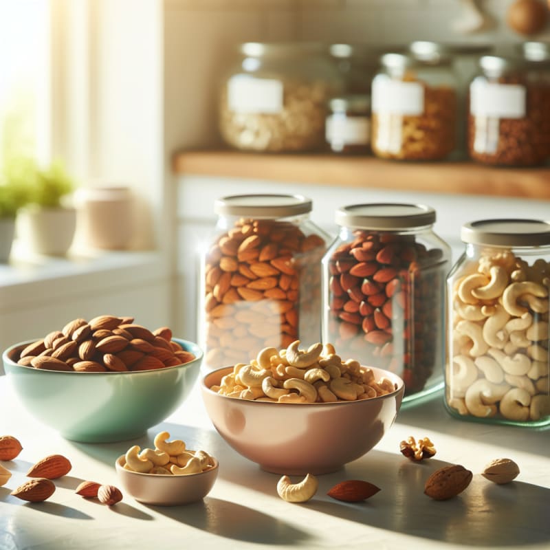 Bright kitchen counter with colorful bowls of almonds cashews and walnuts beside clean labeled jars and a soft morning light showing freshness and hope