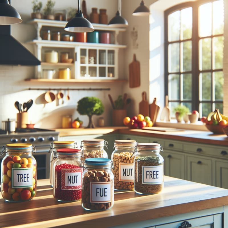 bright modern kitchen with colorful ingredient jars labeled tree nut free natural light streaming through window clean wooden counters fresh fruits and nut free snacks arranged neatly