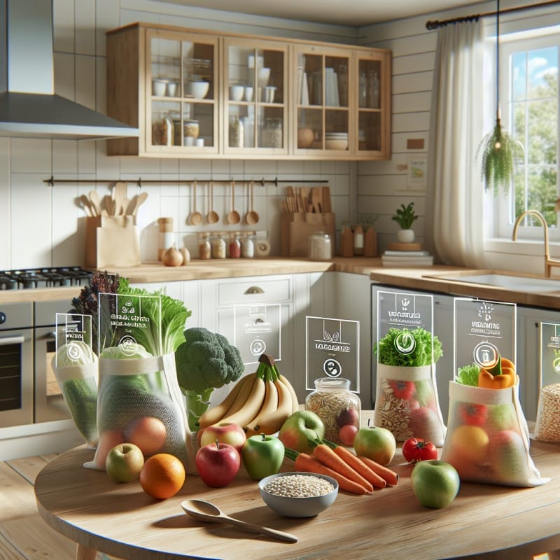 A bright modern kitchen with clear food ingredient labels fresh fruits vegetables and whole grains on a wooden table eco-friendly reusable grocery bags and a cozy light-filled window