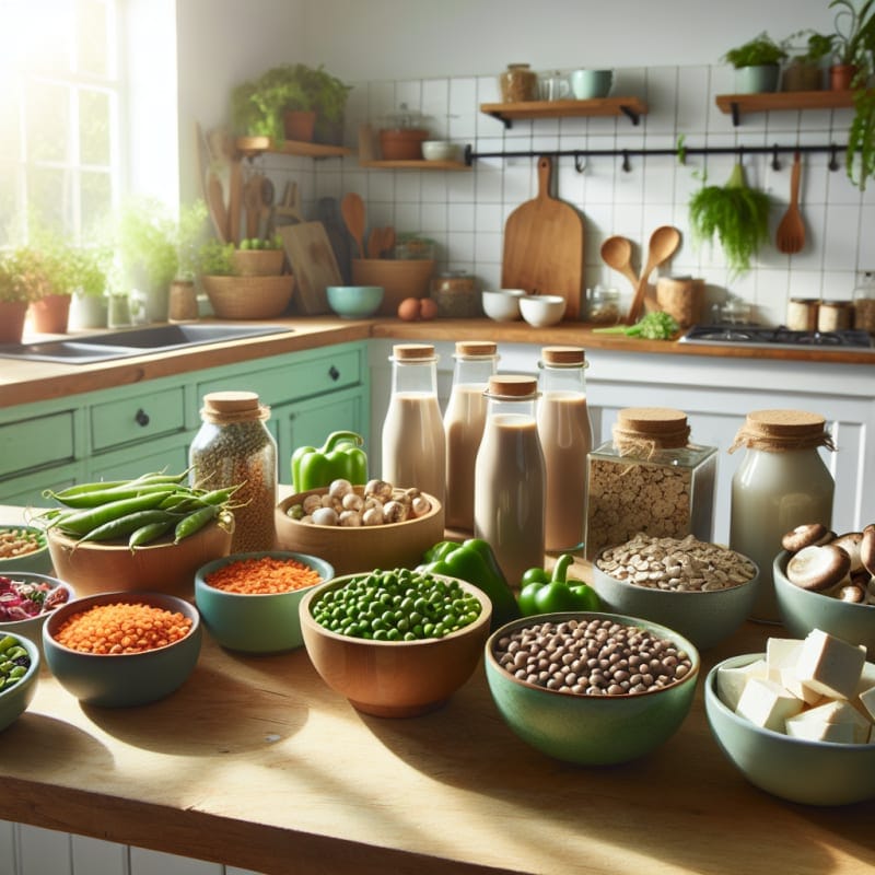 Bright modern kitchen counter filled with colorful plant based foods bowls of lentils peas tofu mushrooms and oat milk cartons sunlight streaming natural textures green accents hopeful clean aesthetic