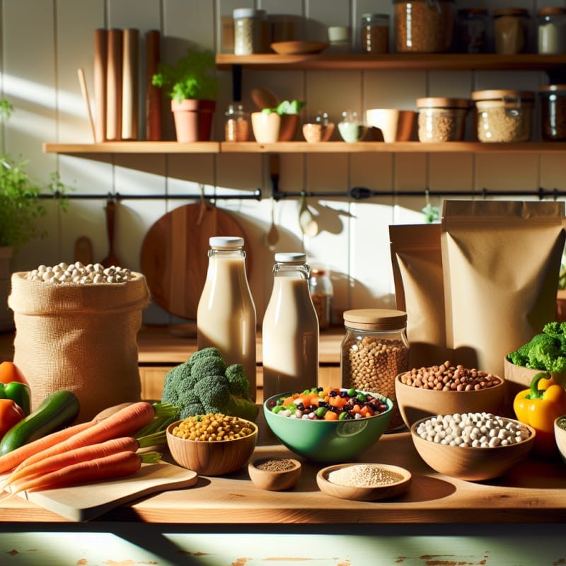 Bright vegan kitchen scene with colorful bowls of legumes grains oat milk bottles pea protein powder fresh vegetables and eco friendly packaging in natural light no people