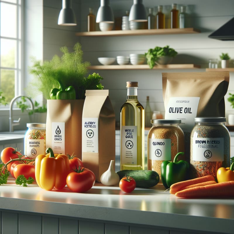Bright kitchen countertop with colorful fresh vegetables whole grains olive oil and allergy-safe food labels in soft natural light modern containers eco-friendly atmosphere