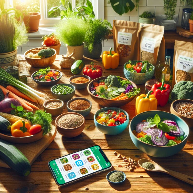Bright natural light on a wood kitchen table filled with vibrant plant based dishes colorful vegetables grains allergy safe food packages clear ingredient labels handheld mobile food scan app open green leafy herbs scattered bowls and plates arranged in a cheerful inviting way