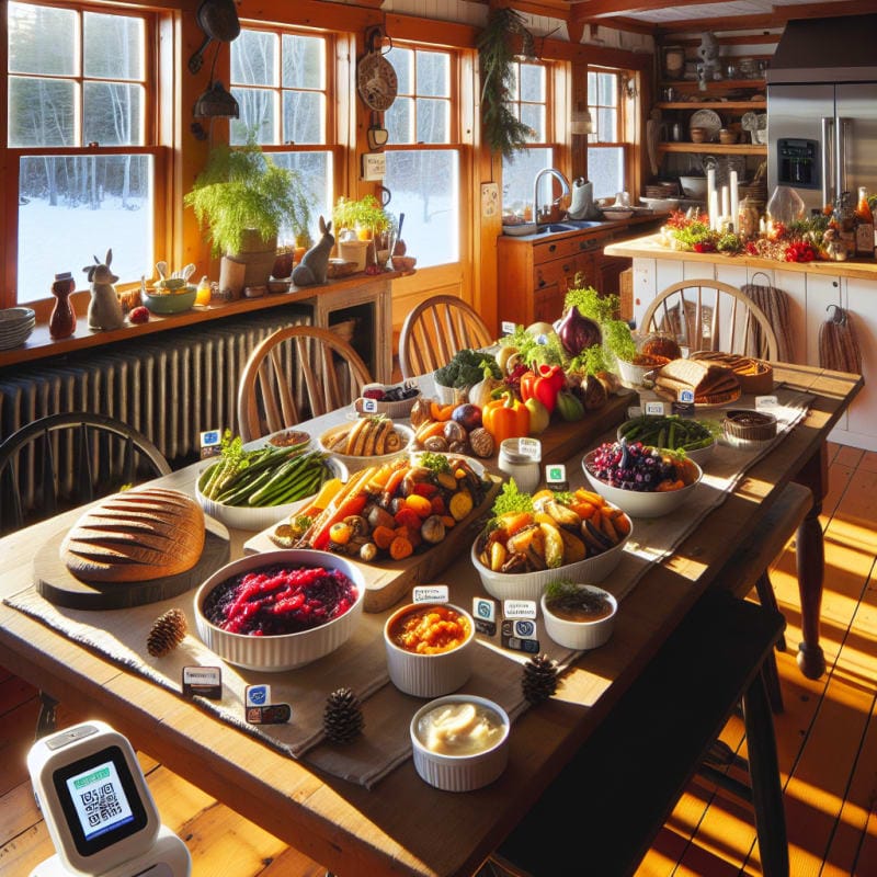 Brightly lit Maine farmhouse kitchen table set with colorful vegan holiday dishes bowls of roasted root vegetables cranberry sauce gluten free bread allergy safe labels food ingredient scanner resting nearby fresh herbs and pinecones for festive touch inviting atmosphere
