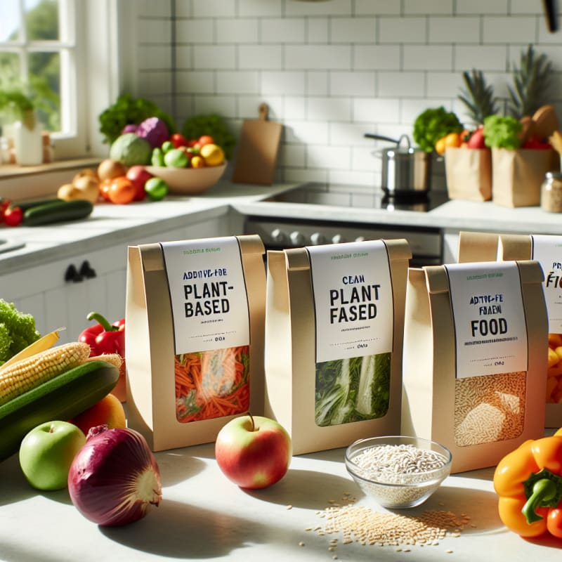 Bright modern kitchen counter with colorful bowls of fresh vegetables grains legumes nuts and vegan protein powders in natural light minimalist eco packaging