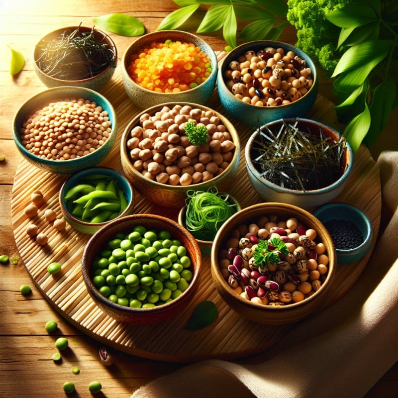 Bright colorful flat lay of bowls filled with lentils fava beans chickpeas seaweed and edamame on a natural bamboo surface with sunlight and fresh greens