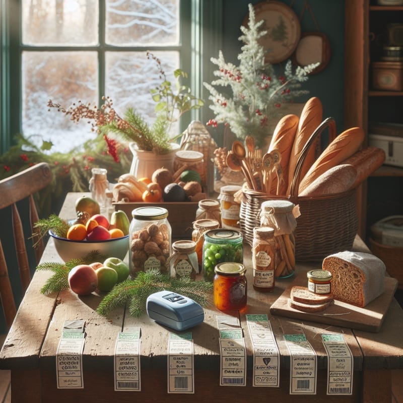 A bright rustic kitchen table with vintage ration-era foods like root vegetables dried fruits whole grain bread homemade preserves and a modern food label scanner beside allergy-safe ingredient cards soft sunlight and festive greenery for a hopeful holiday mood