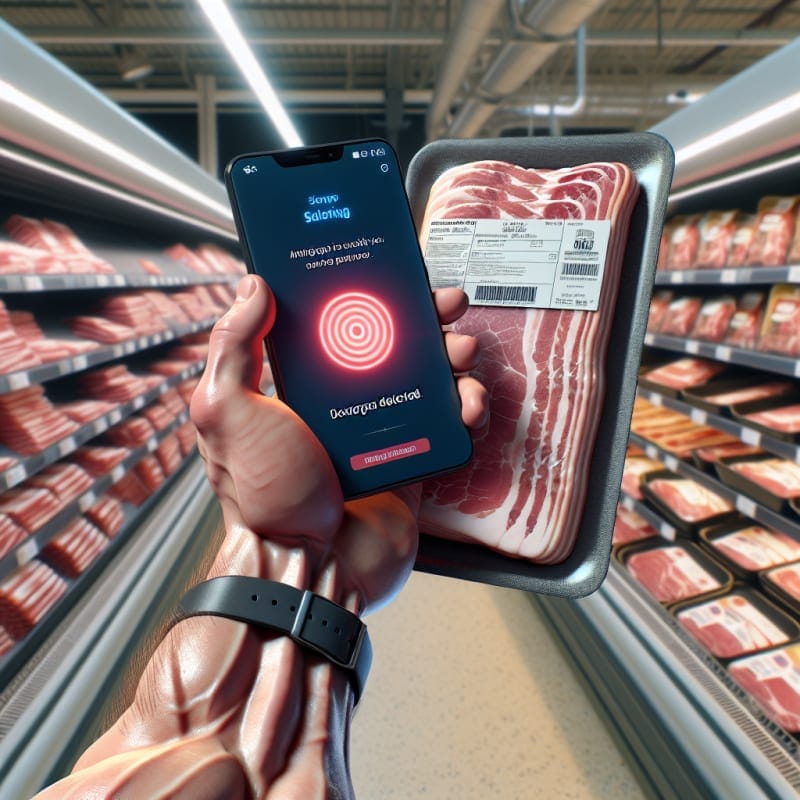 Over-the-shoulder view of a UK supermarket cured meats aisle. A muscular hand is scanning a package of sliced bacon with a smartphone. Phone screen displays a glowing red warning notification about dextrose detected. Background is packed shelves of meats with store fluorescent bokeh lighting. Visible imperfections, crinkled wrapper, slight condensation on the plastic. 8k, photorealistic.