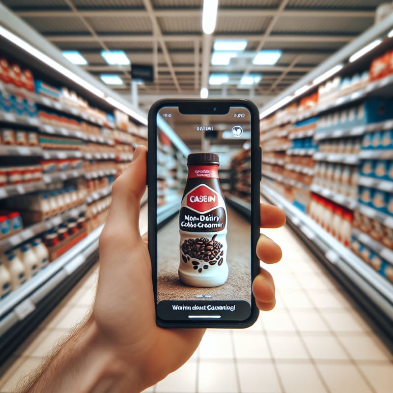 A bright, handheld iPhone photo of a UK supermarket coffee aisle. Candid first-person POV scanning a package of non-dairy coffee creamer. Phone screen displays a clean, flat red app interface warning about casein. Background is a well-lit, clean supermarket with a natural, airy feel. Bright overhead store LED lighting, natural day-lit grocery interior, clean white balance. Neutral color palette, soft focus background (bokeh), authentic product packaging, realistic textures, mobile app UI, hands only with natural skin texture.