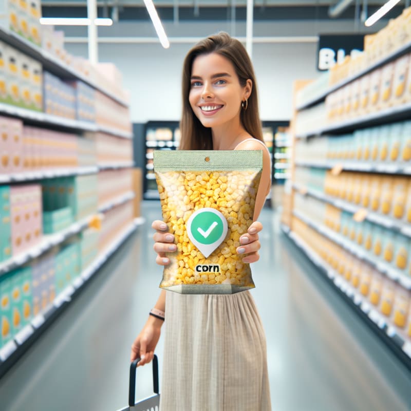 A bright, airy over-the-shoulder shot of a happy shopper in a clean supermarket. The shopper is holding a package of corn cereal. A clean, minimalist “Product Approved” checkmark and text overlay (Gluten-Free) floats subtly in the air near the product, styled as a modern AR (Augmented Reality) interface in a soft green color palette. No physical phone visible. Over-the-shoulder viewpoint, showing the side of the shopper’s smiling face and their hands holding the product. The background is a brightly lit, out-of-focus grocery aisle with soft pastels and white shelves. High-key photography style with bright, natural morning light, soft-diffused LED store lighting, and pristine white balance. Authentic lifestyle photography, neutral modern clothing, soft bokeh background, semi-transparent flat AR interface, natural skin textures, and vibrant but realistic cereal packaging.