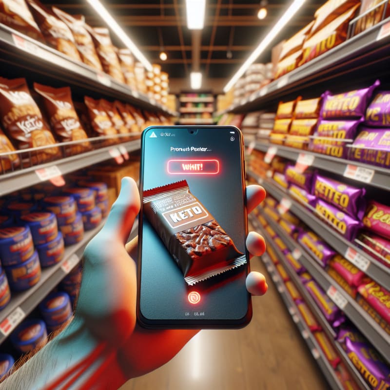 First-Person POV of a grocery store snack aisle. A hand is scanning a package of a chocolate peanut butter keto bar. Phone screen displays a glowing red warning notification. Background is shelves of protein and keto bars with crinkled wrappers, store fluorescent bokeh lighting. Visible imperfections, slight condensation on packaging, realistic shadows. 8k, photorealistic.