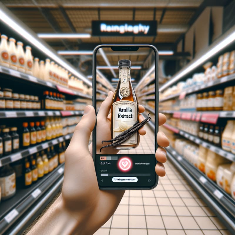 First-Person POV of a German supermarket aisle. A hand holding a smartphone is scanning a package of vanilla extract. Phone screen displays a glowing red notification warning about alcohol content. Background is shelves with baking ingredients, slightly messy and realistic, with store fluorescent bokeh lighting. Visible imperfections like a crinkled label and light condensation on nearby bottles. 8k, photorealistic.