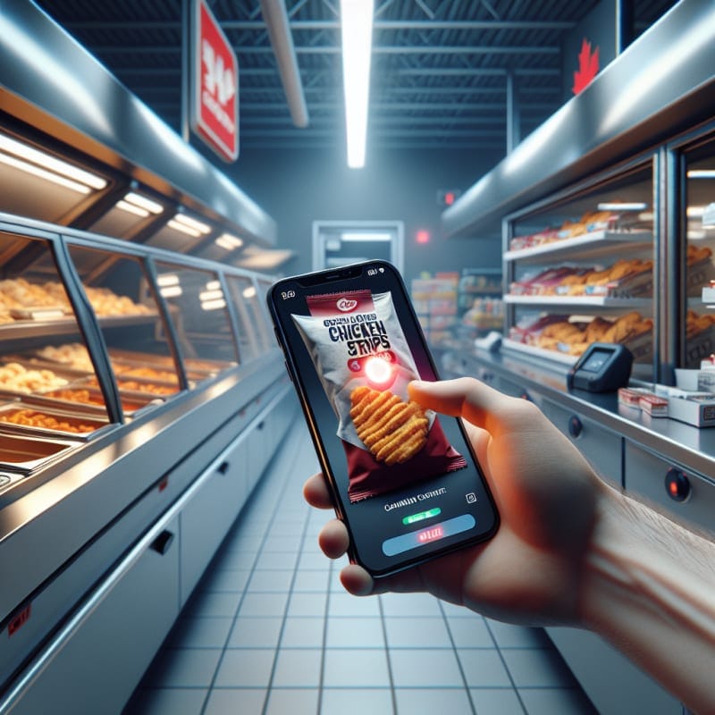 Over-the-shoulder view of a Canadian truck stop convenience store aisle. A hand is scanning a package of grilled chicken strips. Phone screen displays glowing red notification. Background is stainless food warmers and shelves with store fluorescent bokeh lighting. Visible imperfections, slightly crinkled wrapper, condensation on the plastic lid. Cinematic lighting, 8k, photorealistic.