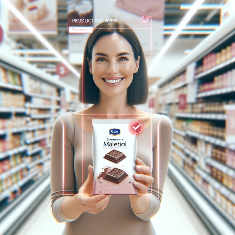 A bright, airy over-the-shoulder shot of a happy shopper in a clean German supermarket. The shopper is holding a package of sugar-free chocolate sweetened with maltitol. A clean, minimalist “Product Not Approved” checkmark and text overlay (Keto) floats subtly in the air near the product, styled as a modern AR (Augmented Reality) interface in a soft red color palette. No physical phone visible. Over-the-shoulder viewpoint, showing the side of the shopper’s smiling face and their hands holding the product. The background is a brightly lit, out-of-focus grocery aisle with soft pastels and white shelves. High-key photography style with bright, natural morning light, soft-diffused LED store lighting, and pristine white balance. Authentic lifestyle photography, neutral modern clothing, soft bokeh background, semi-transparent flat-design AR interface, natural skin textures, realistic food packaging, fresh and clean atmosphere.
