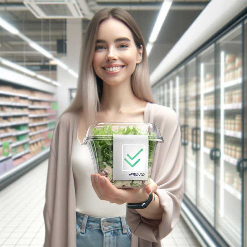 A bright, airy over-the-shoulder shot of a happy shopper in a clean UK supermarket. The shopper is holding a package of pre-made salad. A clean, minimalist “Product Approved” checkmark and text overlay (Keto Approved) floats subtly in the air near the product, styled as a modern AR (Augmented Reality) interface. No physical phone visible. Over-the-shoulder viewpoint, showing the side of the shopper’s smiling face and their hands holding the salad pack. The background is a brightly lit, out-of-focus grocery aisle with soft pastels and white shelves. High-key photography style with bright, natural morning light, soft-diffused LED store lighting, and pristine white balance. Authentic lifestyle photography, neutral modern clothing, soft bokeh background, semi-transparent flat-design AR interface in a green color palette, natural skin texture, and realistic food packaging.