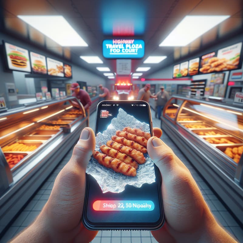 First-Person POV of a highway travel plaza food court aisle. A truck driver’s hands are scanning a package of grilled chicken strips. Phone screen displays glowing red notification. Background is a busy convenience store counter with warming trays and price signs, store fluorescent bokeh lighting. Visible imperfections on the crinkled wrapper, slight condensation on plastic. 8k, photorealistic.