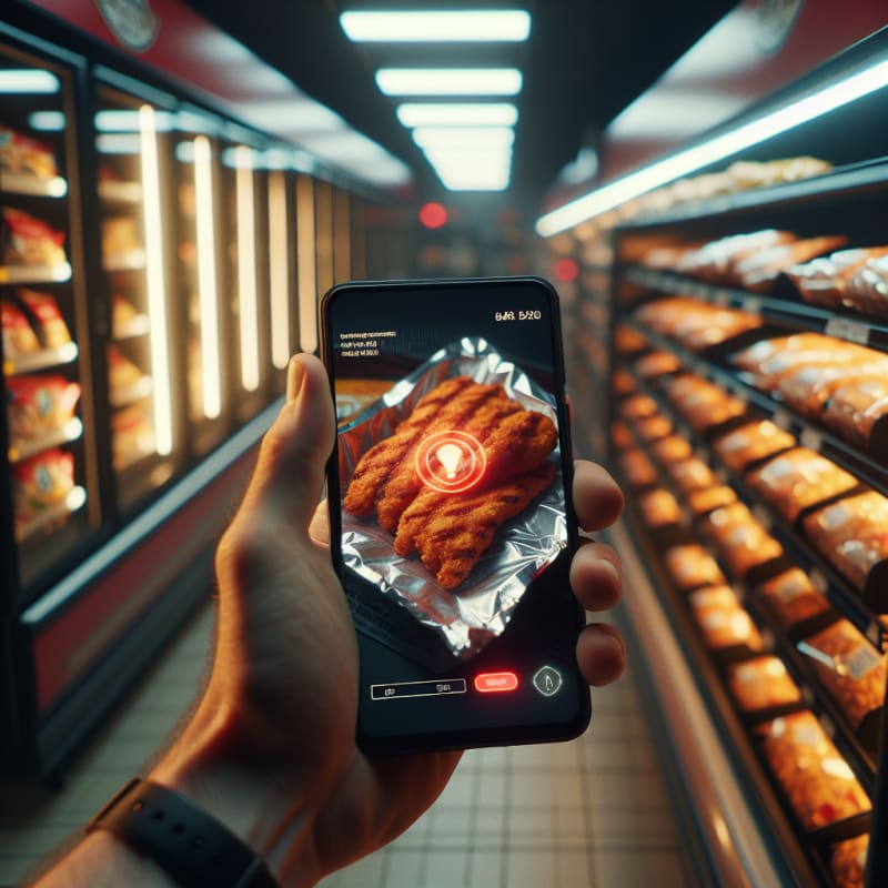 Over-the-shoulder view of a truck stop convenience store hot food aisle. A hand holding a smartphone is scanning a package of grilled chicken strips. Phone screen displays a glowing red warning notification. Background is shelves of packaged hot foods and warming lamps with store fluorescent bokeh lighting. Visible imperfections, slightly crinkled plastic wrapper, condensation on the package. Cinematic lighting, 8k, photorealistic.