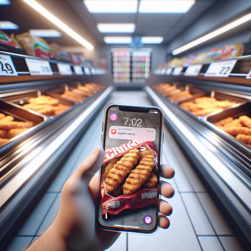 First-Person POV of a convenience store hot food aisle. A hand is scanning a package of grilled chicken strips with visible breading flecks. Phone screen displays glowing red notification. Background is stainless warming trays and price tags with store fluorescent bokeh lighting. Imperfections, crinkled wrapper, slight condensation. 8k, photorealistic.