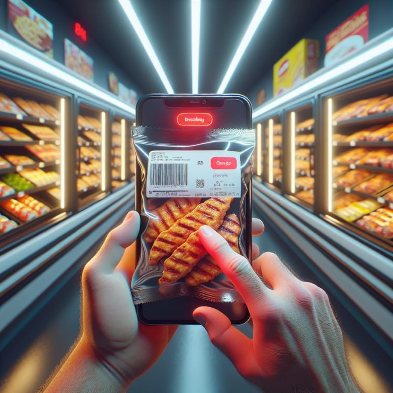 Over-the-shoulder view of a truck stop grocery aisle. A hand scanning a package of grilled chicken strips. Phone screen displays a glowing red notification. Background is shelves of ready-to-eat foods with store fluorescent bokeh lighting. Visible imperfections, slightly crinkled wrapper, condensation on plastic. 8k, photorealistic.