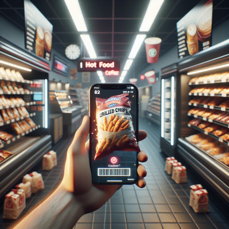 First-Person POV of a truck stop convenience store hot food aisle. A hand is scanning a package of grilled chicken strips. Phone screen displays glowing red notification. Background is shelves of wrapped hot foods and coffee machines with store fluorescent bokeh. Cinematic lighting, 8k, photorealistic, visible imperfections, crinkled wrapper, slight condensation on plastic.
