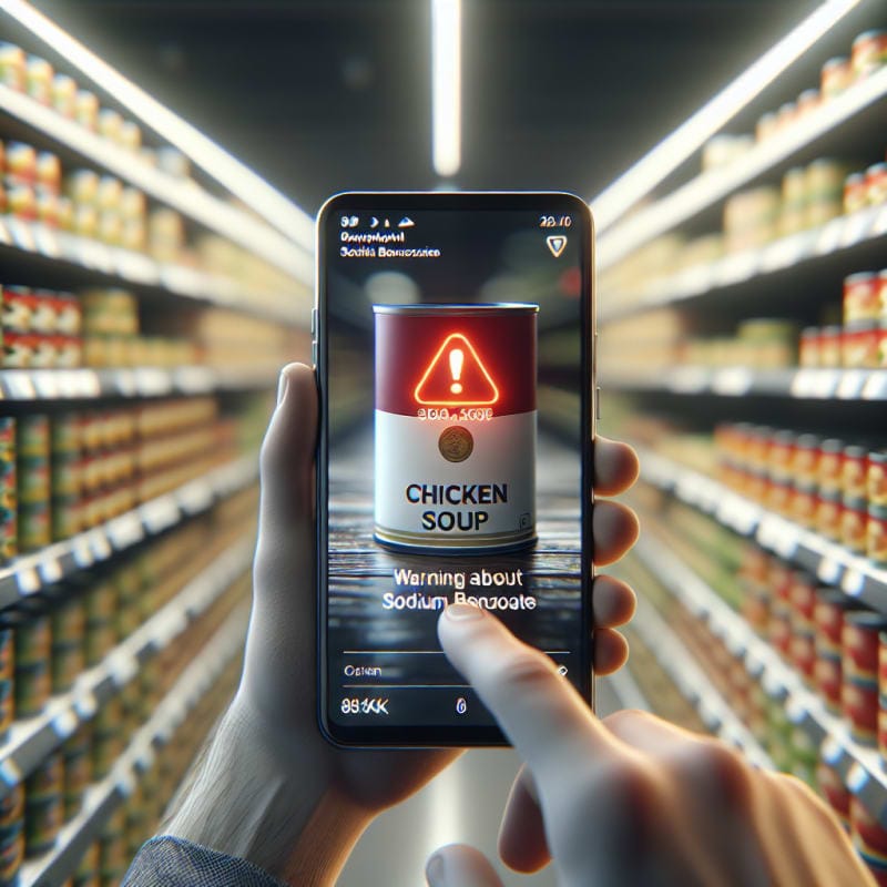 Over-the-shoulder view of a grocery store canned foods aisle. A male hand is scanning a package of canned chicken soup with a smartphone. Phone screen displays a glowing red notification warning about sodium benzoate. Background is softly blurred shelves with store fluorescent bokeh. Cinematic lighting, visible imperfections on the can, slightly crinkled label, 8k, photorealistic.
