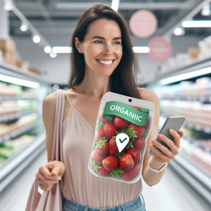 A bright, airy over-the-shoulder shot of a happy mom shopper in a clean supermarket. The shopper is holding a package of organic strawberries. A clean, minimalist “Product Approved” checkmark and text overlay (Organic) floats subtly in the air near the product, styled as a modern AR (Augmented Reality) interface. No physical phone visible. Over-the-shoulder viewpoint, showing the side of the shopper’s smiling face and her hands holding the strawberries. The background is a brightly lit, out-of-focus grocery aisle with soft pastels and white shelves. High-key photography style with bright, natural morning light, soft-diffused LED store lighting, and pristine white balance. Authentic lifestyle photography with neutral, modern clothing, soft bokeh background, and a semi-transparent flat-design AR interface in a calm green color palette. Natural skin textures, soft focus, and vibrant but realistic food packaging. No dark or cinematic lighting.