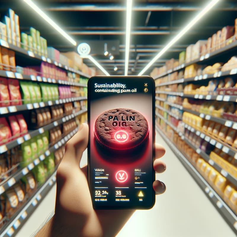 Over-the-shoulder view of a Swedish grocery store aisle. A hand is scanning a package of vegan chocolate cookies containing palm oil. Phone screen displays a glowing red sustainability warning. Background is Scandinavian supermarket shelves with eco-labels, store fluorescent bokeh lighting. Visible imperfections on the crinkled wrapper, subtle fingerprints on the phone screen. 8k, photorealistic.