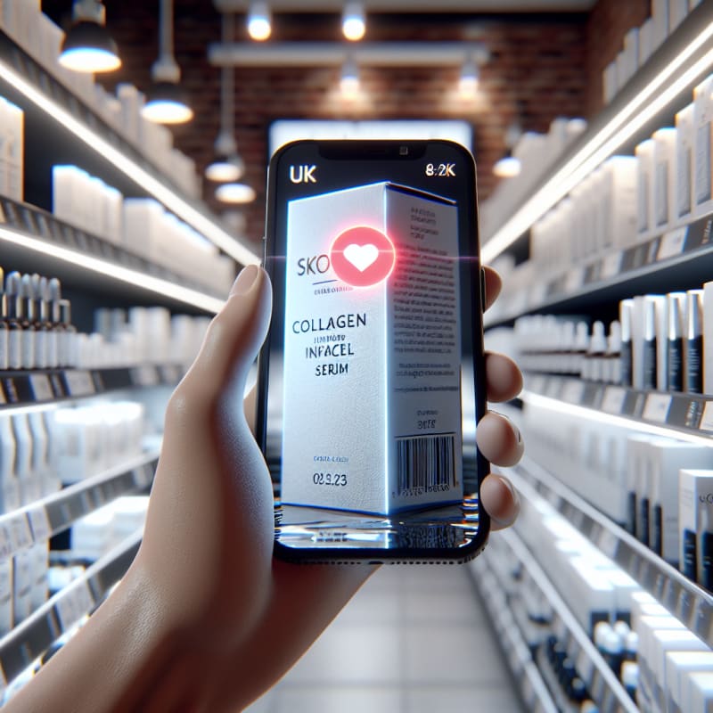 Over-the-shoulder view of a UK beauty store skincare aisle. A hand is scanning a package of collagen-infused face serum with a smartphone. Phone screen displays glowing red notification. Background is shelves of minimalist skincare bottles with store fluorescent bokeh and cinematic lighting. Visible imperfections on packaging, slightly crinkled box edges, subtle fingerprints on the phone screen. 8k, photorealistic.