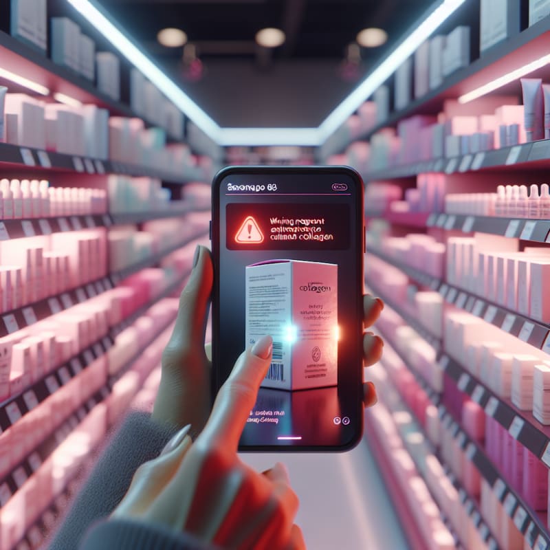 Over-the-shoulder view of a UK beauty store skincare aisle. Hand scanning a package of anti-ageing face serum with a smartphone. Phone screen displays glowing red warning notification for animal-derived collagen. Background is shelves of pastel skincare bottles with store fluorescent bokeh. Cinematic lighting, visible imperfections, slightly crinkled box, 8k, photorealistic.