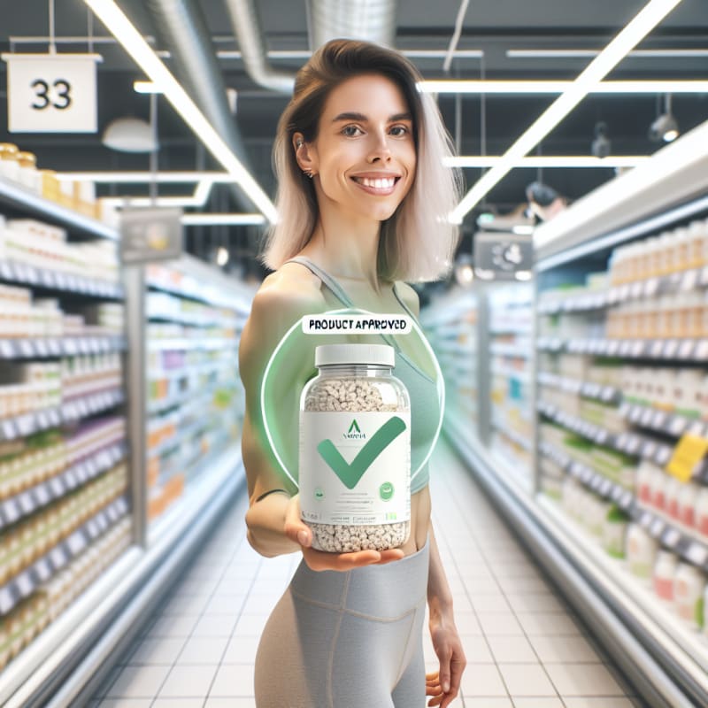 A bright, airy over-the-shoulder shot of a happy, athletic shopper in a clean German supermarket. The shopper is holding a package of vegan vitamin supplements. A clean, minimalist “Product Approved” checkmark and text overlay (Vegan) floats subtly in the air near the product, styled as a modern AR (Augmented Reality) interface. No physical phone visible. Over-the-shoulder viewpoint, showing the side of the shopper’s smiling face and their hands holding the vitamins. The background is a brightly lit, out-of-focus grocery aisle with soft pastels and white shelves. High-key photography style with bright, natural morning light, soft-diffused LED store lighting, and pristine white balance. Authentic lifestyle photography, neutral modern sportswear, soft bokeh background, semi-transparent flat-design AR interface in a green color palette, natural skin textures, and realistic packaging.
