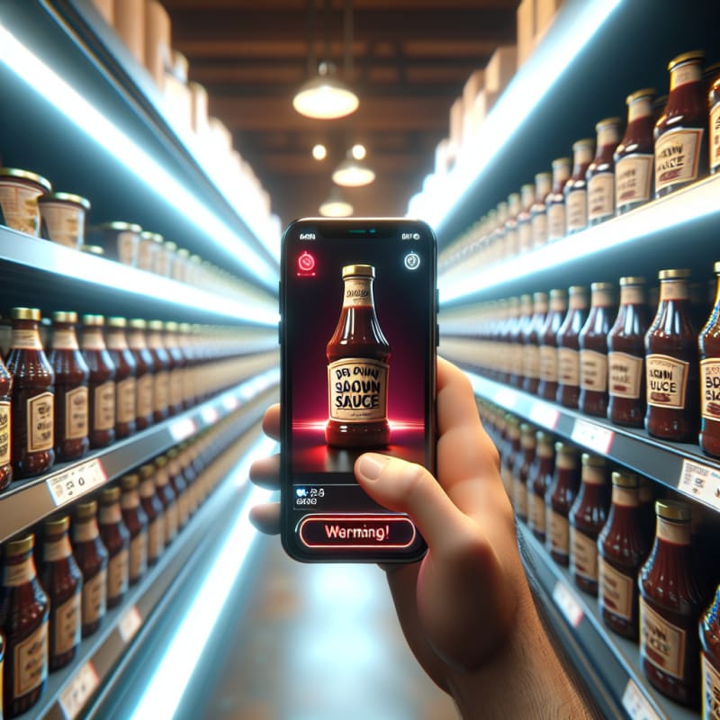 Over-the-shoulder view of a supermarket sauces aisle. A hand is scanning a package of brown sauce with a smartphone. Phone screen displays a glowing red warning notification. Background is shelves of glass bottles with crinkled labels and price tags, store fluorescent bokeh lighting. Visible imperfections, fingerprints on glass, slightly worn shelf edges. 8k, photorealistic.