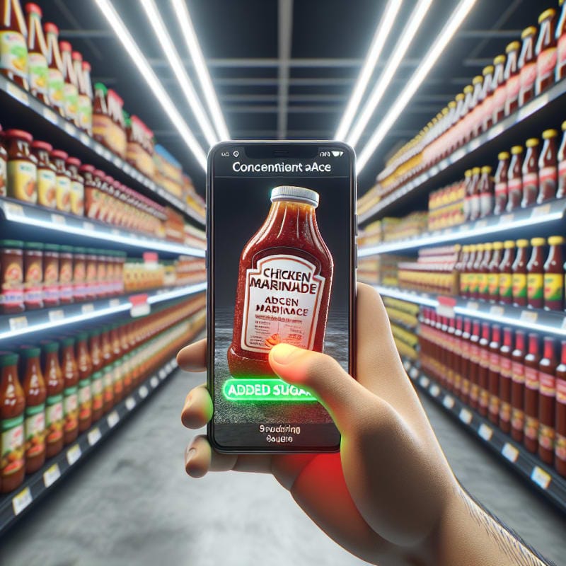 First-Person POV of a grocery store condiment aisle. A hand is scanning a package of chicken marinade with a smartphone. Phone screen displays a glowing red notification warning of added sugar. Background is shelves of sauces with store fluorescent bokeh and cinematic lighting. Visible imperfections, crinkled wrapper, slight condensation on the bottle. 8k, photorealistic.