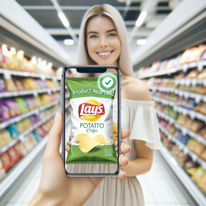 A bright, airy over-the-shoulder shot of a happy shopper in a clean supermarket. The shopper is holding a package of classic potato chips. A clean, minimalist “Product Approved” checkmark and text overlay (Gluten-Free) floats subtly in the air near the product, styled as a modern AR (Augmented Reality) interface. No physical phone visible. Over-the-shoulder viewpoint, showing the side of the shopper’s smiling face and their hands holding the product. The background is a brightly lit, out-of-focus grocery aisle with soft pastels and white shelves. High-key photography style with bright, natural morning light, soft-diffused LED store lighting, and pristine white balance. Authentic lifestyle photography, neutral modern clothing, soft bokeh background, semi-transparent flat-design AR interface in a green color palette. Natural skin textures, soft focus, and vibrant but realistic food packaging.