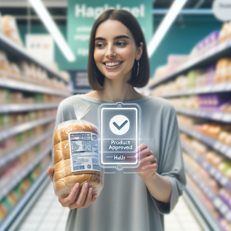A bright, airy over-the-shoulder shot of a happy shopper in a clean UK supermarket. The shopper is holding a package of processed bread rolls with an ingredient label visible (E471 highlighted). A clean, minimalist “Product Approved” checkmark and text overlay (Halal) floats subtly in the air near the product, styled as a modern AR (Augmented Reality) interface. No physical phone visible. Over-the-shoulder viewpoint showing the side of the shopper’s smiling face and their hands holding the product. The background is a brightly lit, out-of-focus grocery aisle with soft pastels and white shelves. High-key photography style with bright natural morning light, soft-diffused LED store lighting, and pristine white balance. Authentic lifestyle photography, neutral modern clothing, soft bokeh background. The floating AR interface is semi-transparent, flat design, professional, using a green color palette. Natural skin textures and vibrant but realistic food packaging.