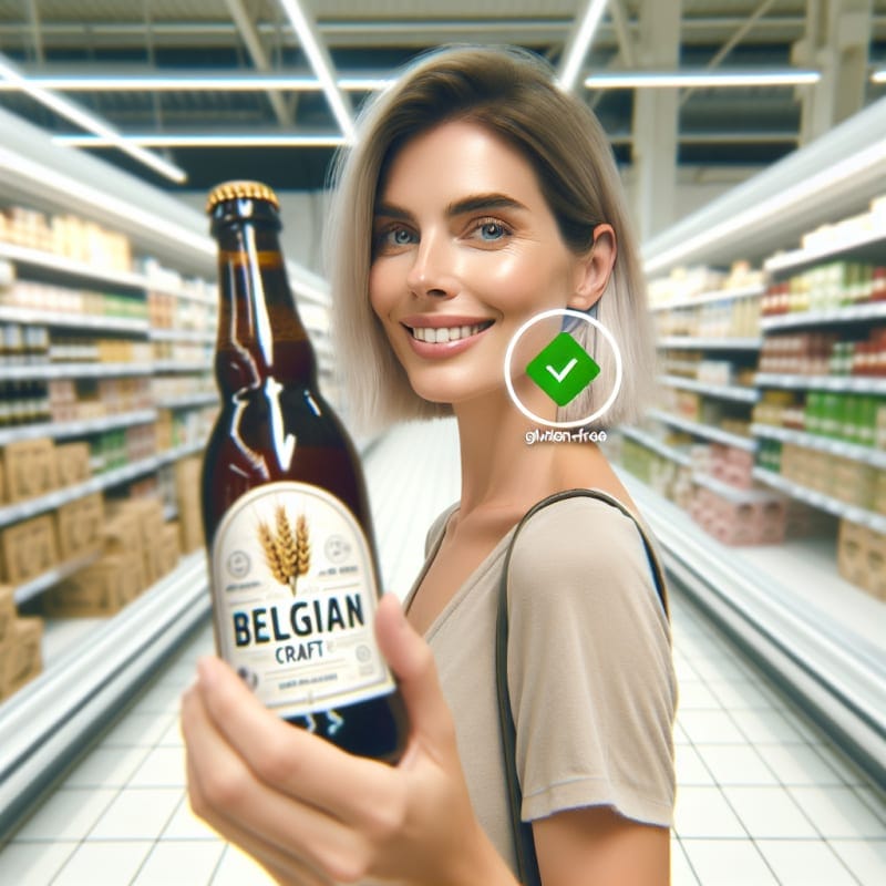 A bright, airy over-the-shoulder shot of a happy shopper in a clean Belgian supermarket. The shopper is holding a package of Belgian craft beer. A clean, minimalist “Product Approved” checkmark and text overlay (Gluten-Free) floats subtly in the air near the bottle, styled as a modern AR (Augmented Reality) interface in green. Over-the-shoulder viewpoint, showing the side of the shopper’s smiling face and their hands holding the beer. The background is a brightly lit, out-of-focus grocery aisle with soft pastels and white shelves. High-key photography style with bright, natural morning light, soft-diffused LED store lighting, pristine white balance. Authentic lifestyle photography, neutral modern clothing, soft bokeh background, natural skin textures, realistic beer packaging, no dark or cinematic tones.
