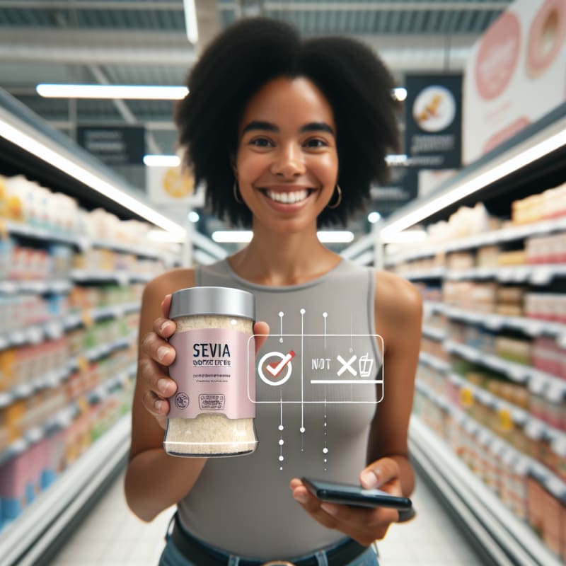 A bright, airy over-the-shoulder shot of a happy shopper in a clean supermarket. The shopper is holding a package of a stevia sweetener blend. A clean, minimalist “Product Not Approved” checkmark and text overlay (Not Keto) floats subtly in the air near the product, styled as a modern AR (Augmented Reality) interface. No physical phone visible. Over-the-shoulder viewpoint, showing the side of the shopper’s smiling face and their hands holding the product. The background is a brightly lit, out-of-focus grocery aisle with soft pastels and white shelves. High-key photography style with bright, natural morning light, soft-diffused LED store lighting, and pristine white balance. Authentic lifestyle photography, neutral modern clothing, soft bokeh background, semi-transparent flat-design AR interface using a red-accent color palette. Natural skin textures and realistic food packaging.